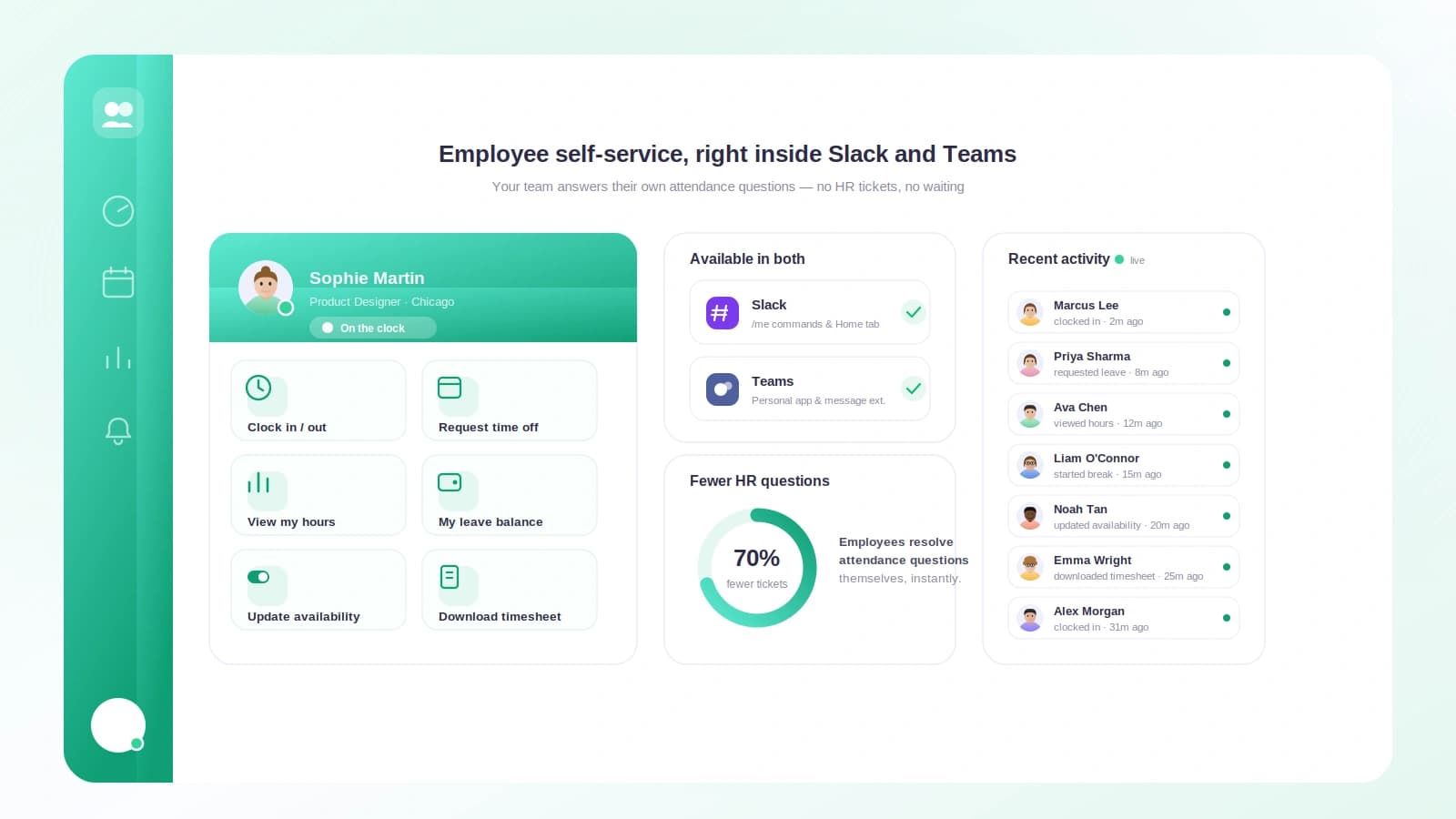 An employee checking their leave balance and today's attendance from a Slack message with the Tickin bot