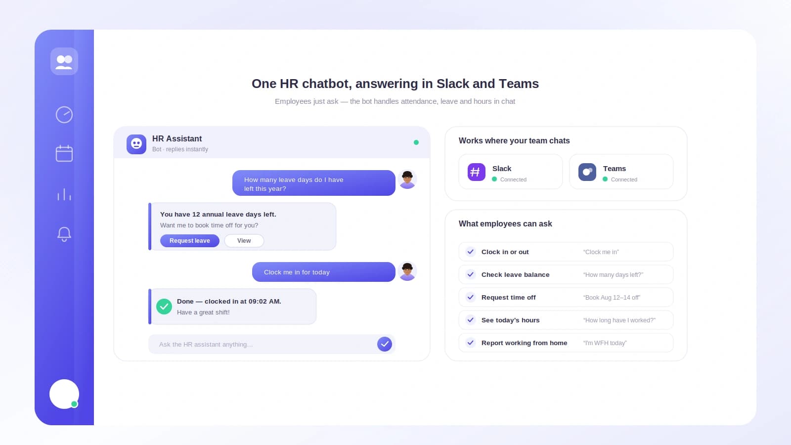 A manager approving leave and viewing a team dashboard from a Slack message with the Tickin HR chatbot