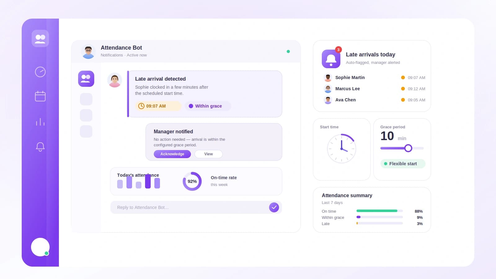 A Microsoft Teams channel showing a late-arrival notice for an employee who clocked in after the grace window