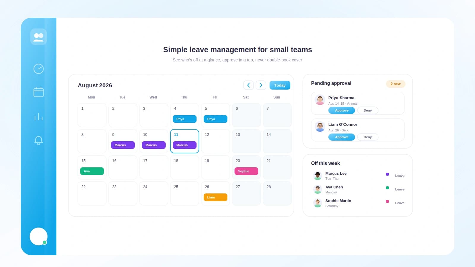 A small team calendar showing who is out on leave this week