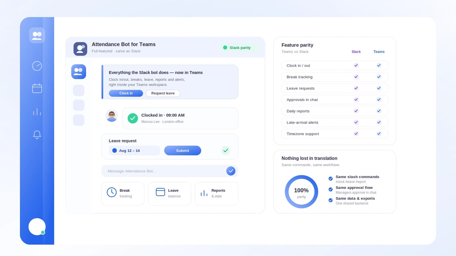 A Microsoft Teams chat showing the Tickin bot with a clock-in confirmation, a team dashboard, and an interactive leave-approval Adaptive Card