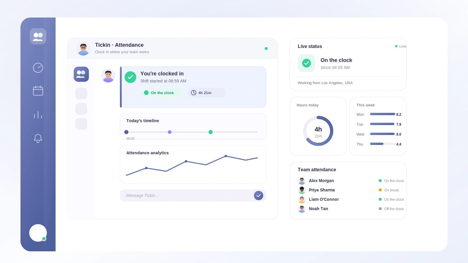 A Microsoft Teams chat window showing an employee clocking in and a manager receiving a late-arrival notice