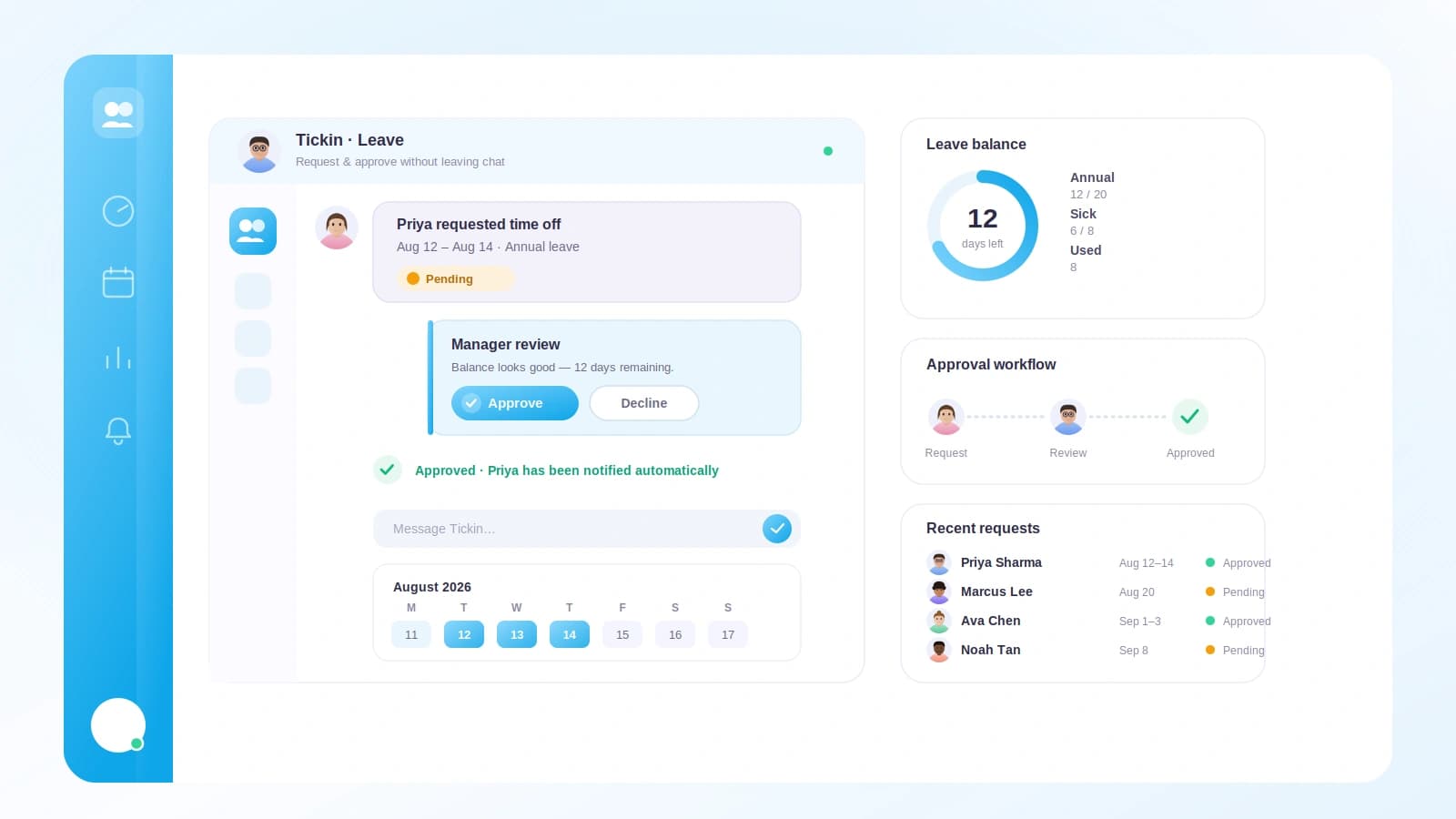 An interactive Microsoft Teams card showing a leave request with approve and decline buttons