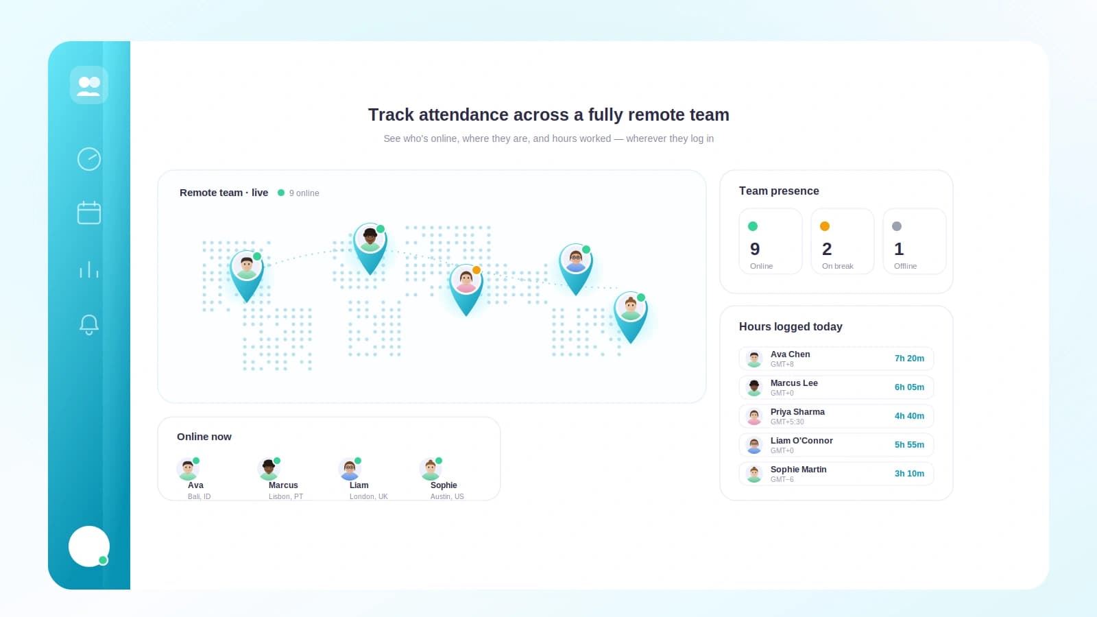 A distributed team's attendance shown as clock-in times across different time zones